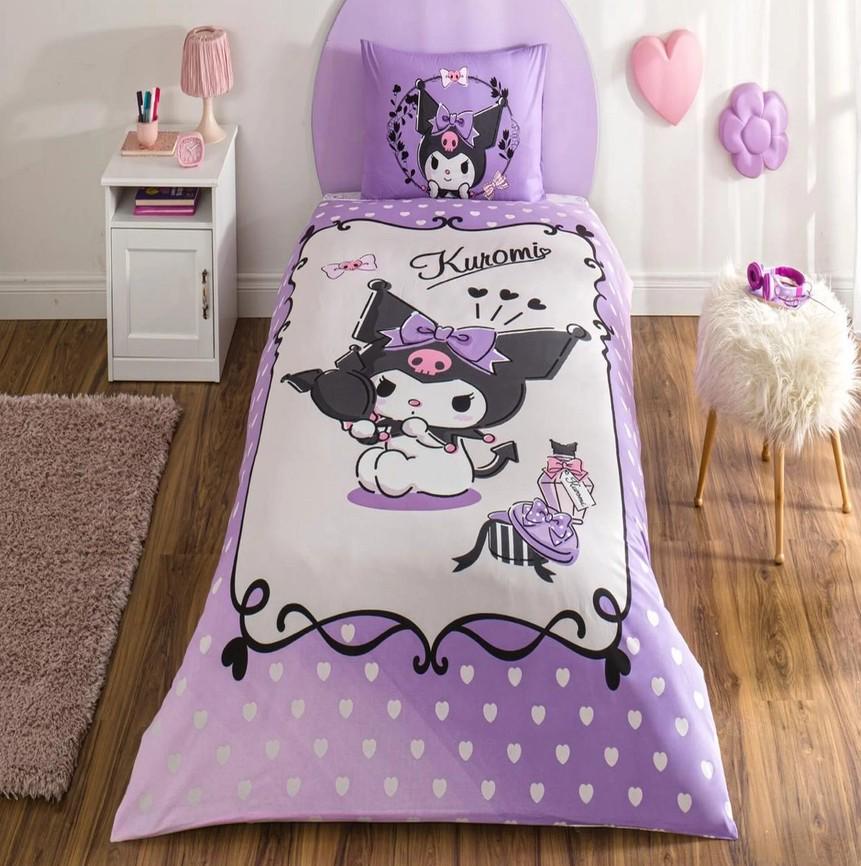 Комплект постельного белья подростковый Tac Disney Kuromi полуторный ранфорс на резинке (2000022284282)