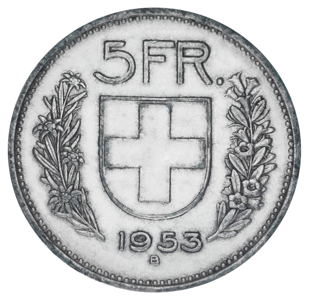 Коллекционная монета Швейцария 5 франков 1953 серебро F-VF