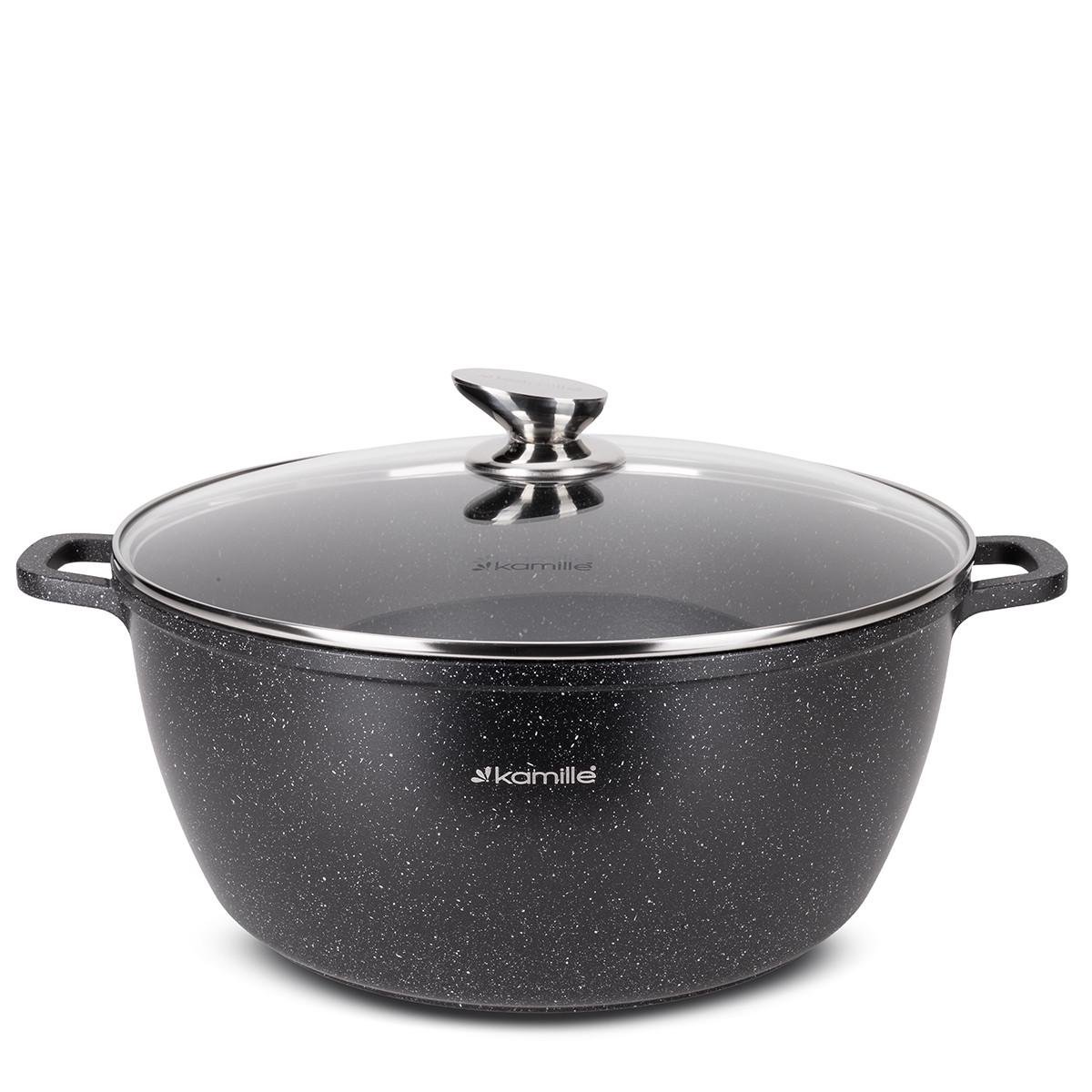 Каструля зі скляною кришкою та антипригарним покриттям Kamille КМ-4481 з литого алюмінію 10 л Чорний мармур (150-84-4481) - фото 1 Каструля зі скляною кришкою та антипригарним покриттям Kamille КМ-4481 з литого алюмінію 10 л Чорний мармур (150-84-4481) - фото 1