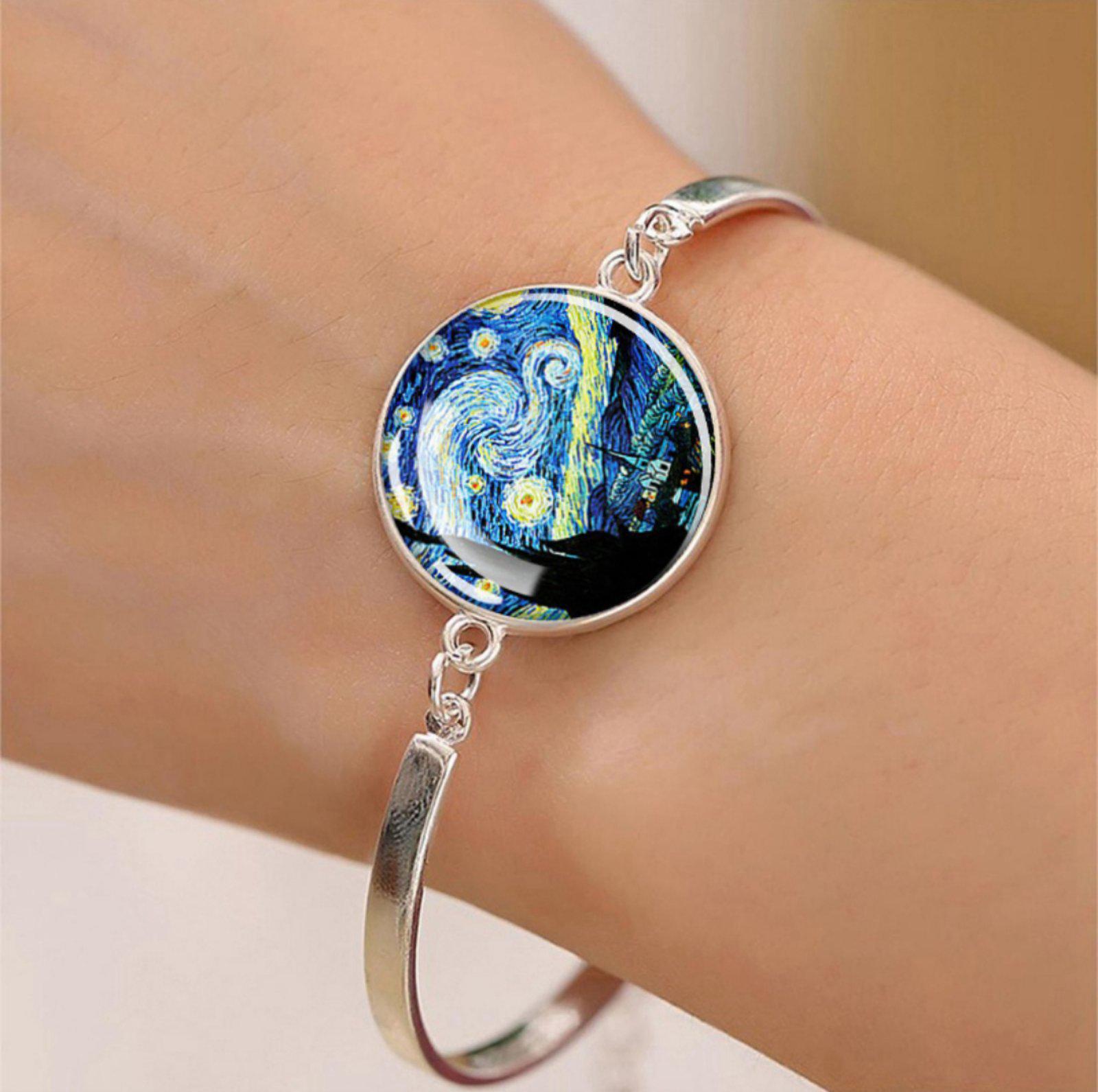 Браслет жіночий металевий з вставкою за мотивами картини Ван Гога Зоряна Ніч (00103)