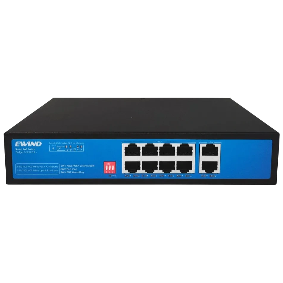Коммутатор 10-портовый неуправляемый Ewind EW-S1910G-AP PoE 8хRJ45 10/100M Black/Blue (36293317)