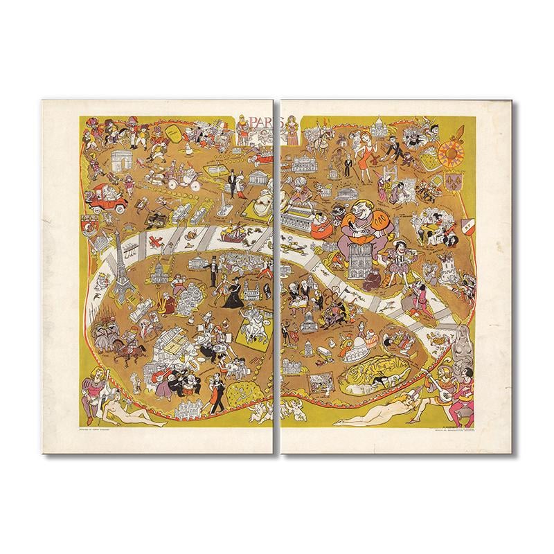 Винтажная карта Карта Париж Франция Альредедор 1930 Мулен Руж 2 модуля 70x105 см