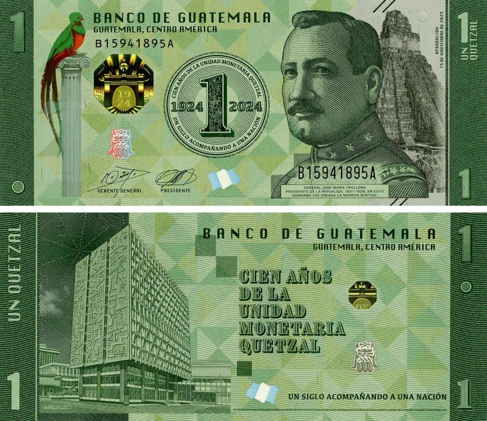 Банкнота Гватемала 1 кетсаль 2024 UNC Памятная 100 лет валюте Кетсалю PW129 (Б20701)