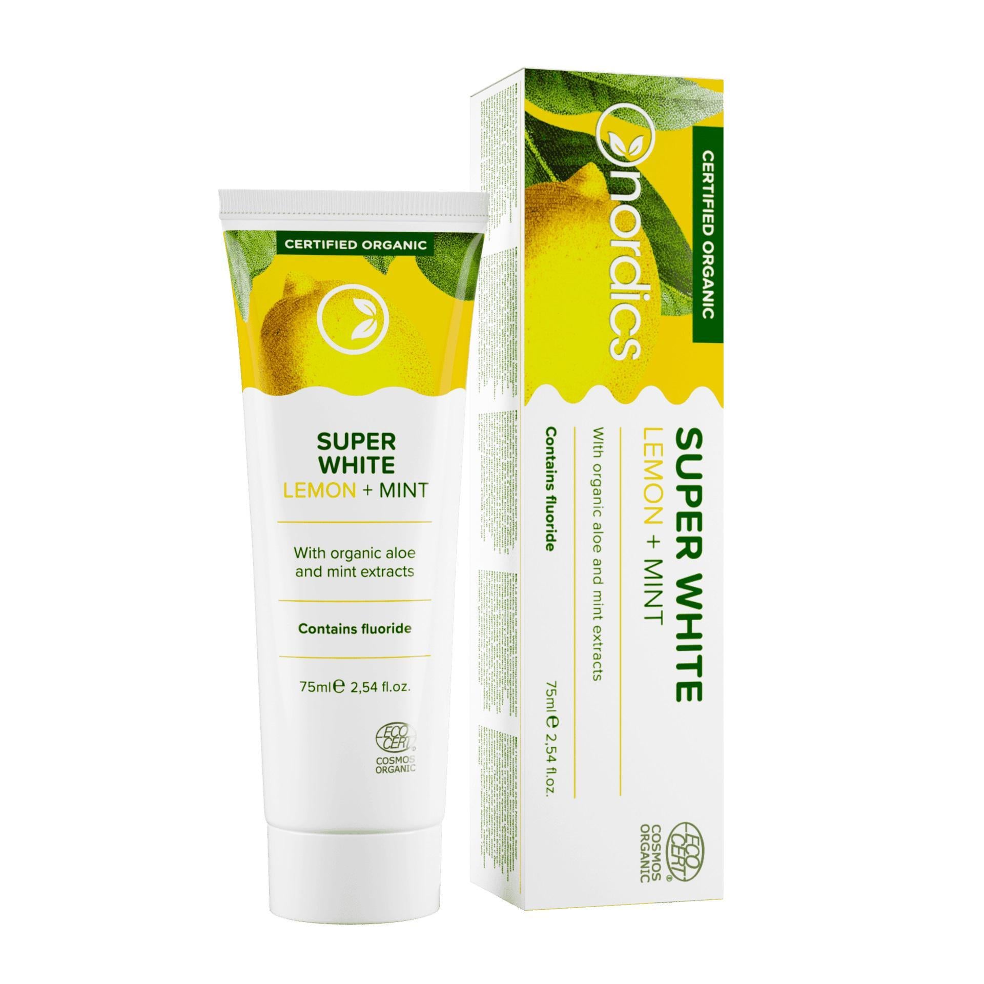 Зубная паста Nordics Cosmos Organic Super White Натуральное отбеливание с лимоном и мятой 75 мл (7188) Зубная паста Nordics Cosmos Organic Super White Натуральное отбеливание с лимоном и мятой 75 мл (7188)