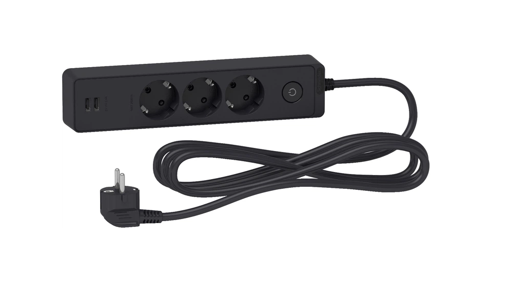 Подовжувач мережевий Schneider Electric 3 розетки з заземленням/2xUSB 3 м Чорний (34972630)