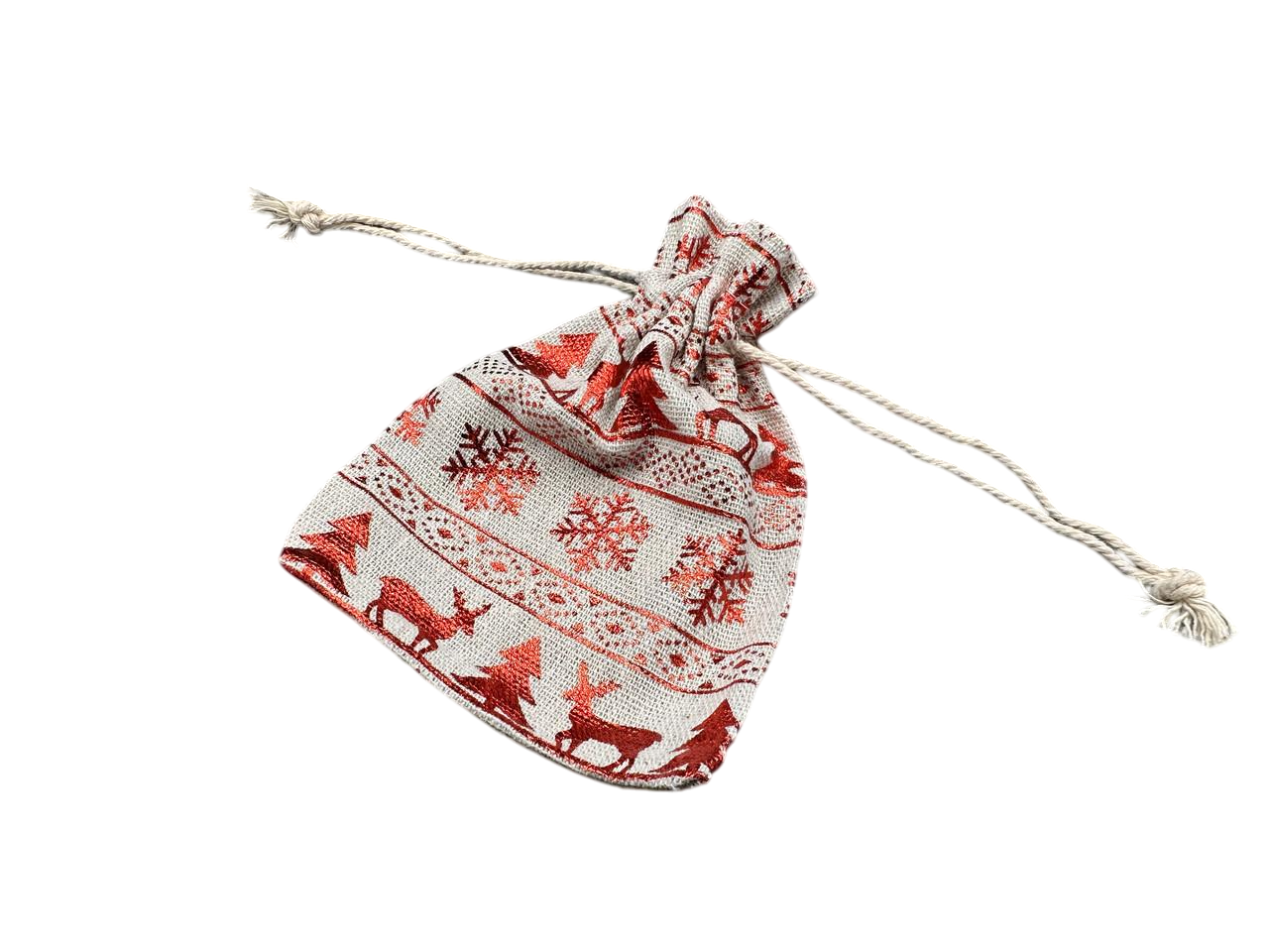 Подарунковий мішечок із новорічним принтом на затяжках із мішковини 14х10 см Бежевий із червоним (BGN-102)