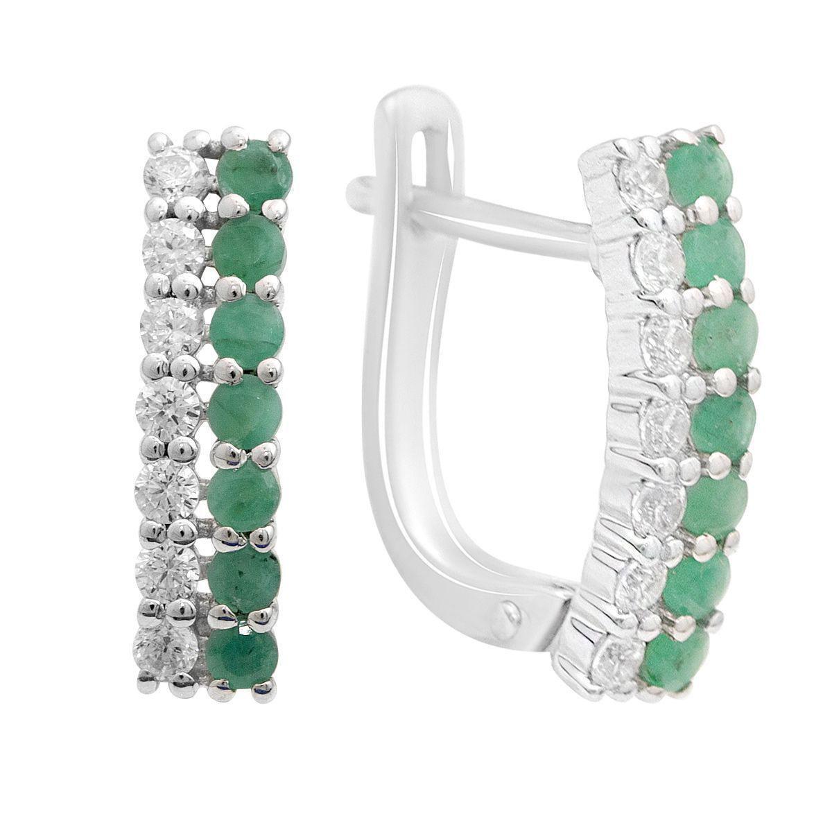 Серьги серебряные LoveR с натуральным изумрудом зеленого цвета круглой формы и дорожкой камней