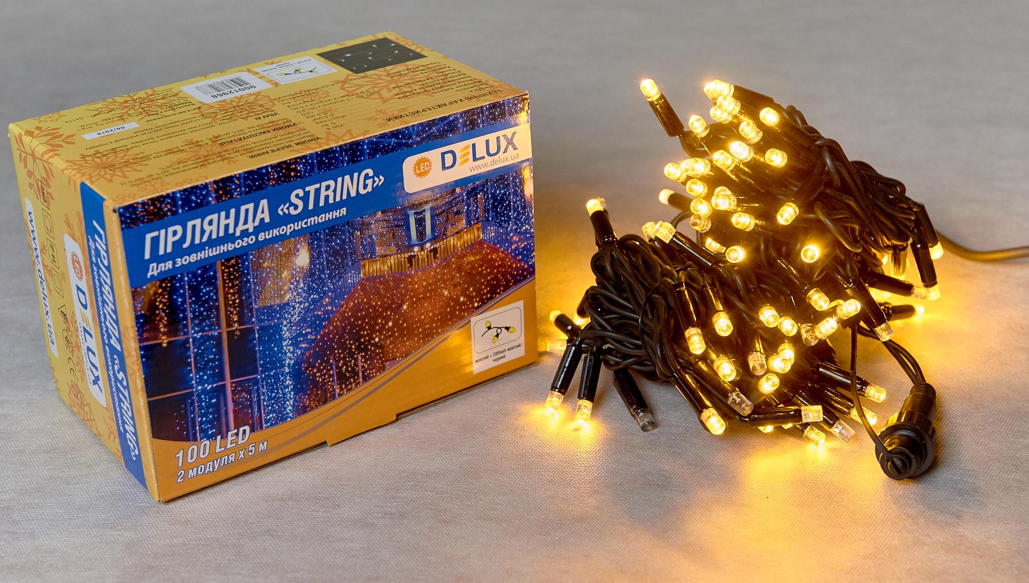 Гирлянда внешняя Delux String 100 LED IP44 EN нить 20 flash 2x5 м Желтый/Черный (13455345)