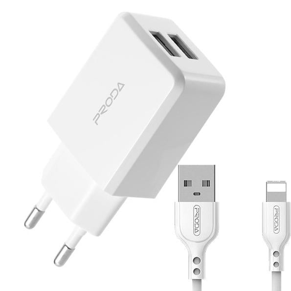 Адаптер сетевой Remax Proda Lightning cable Linshi Pro PD-A22 2xUSB 2,1A с кабелем Белый - фото 1