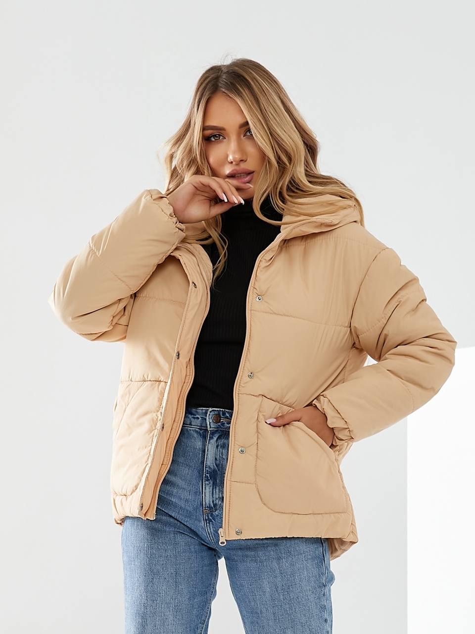 Куртка утепленная Khan короткая с поясом р. 42 Персиковый беж (Kh332)