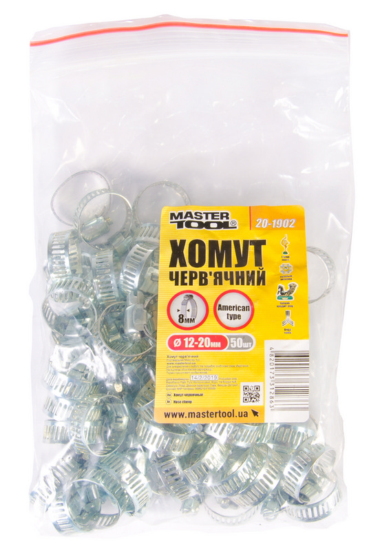 Хомут черв'ячний оцинкований MasterTool American type 8,0 мм Ø 12-20 мм 50 шт. (20-1902)