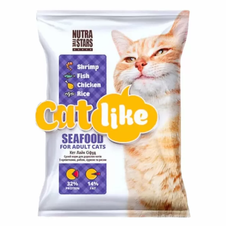 Корм сухой для взрослых кошек всех пород Cat Like с креветками/ рыбой/курицей и рисом 10 кг