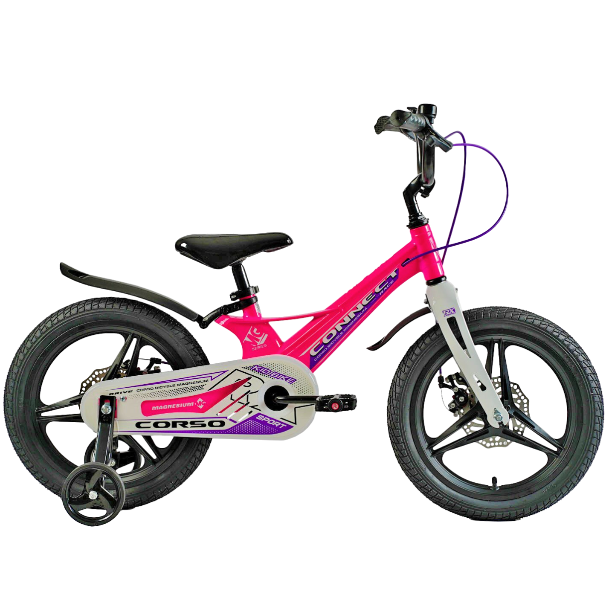 Детский велосипед Corso Connect 16" с магниевой рамой и дополнительными колесами Розовый (MG-16117)