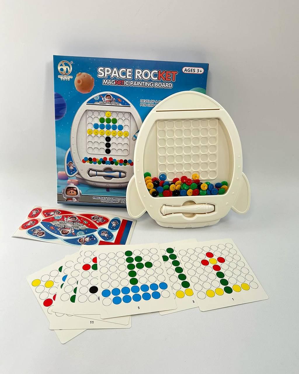 Мозаика Космическая ракета магнитный стилус/карточки с заданиями/наклейки в коробке