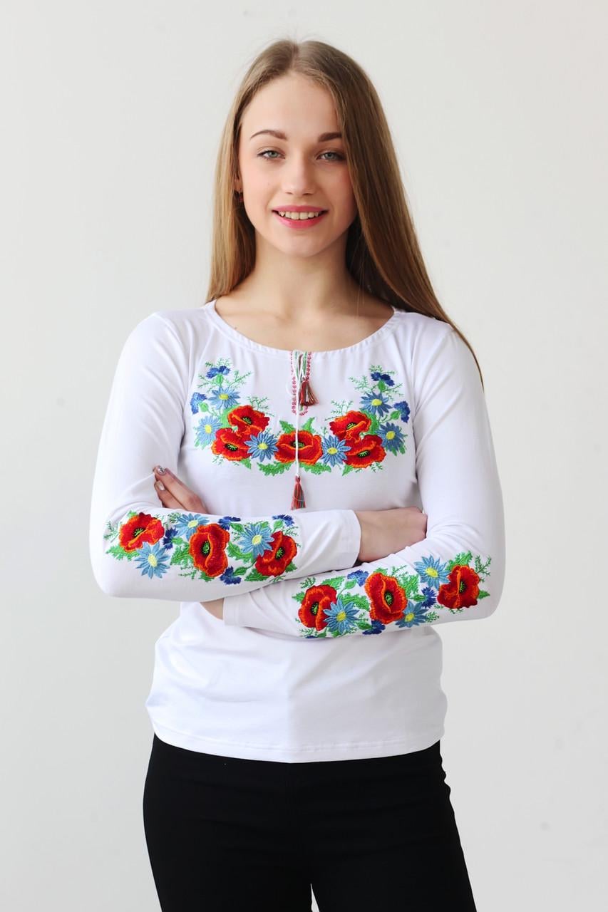 Женская футболка на длинный рукав с вышивкой на рукавах маки (В-7)