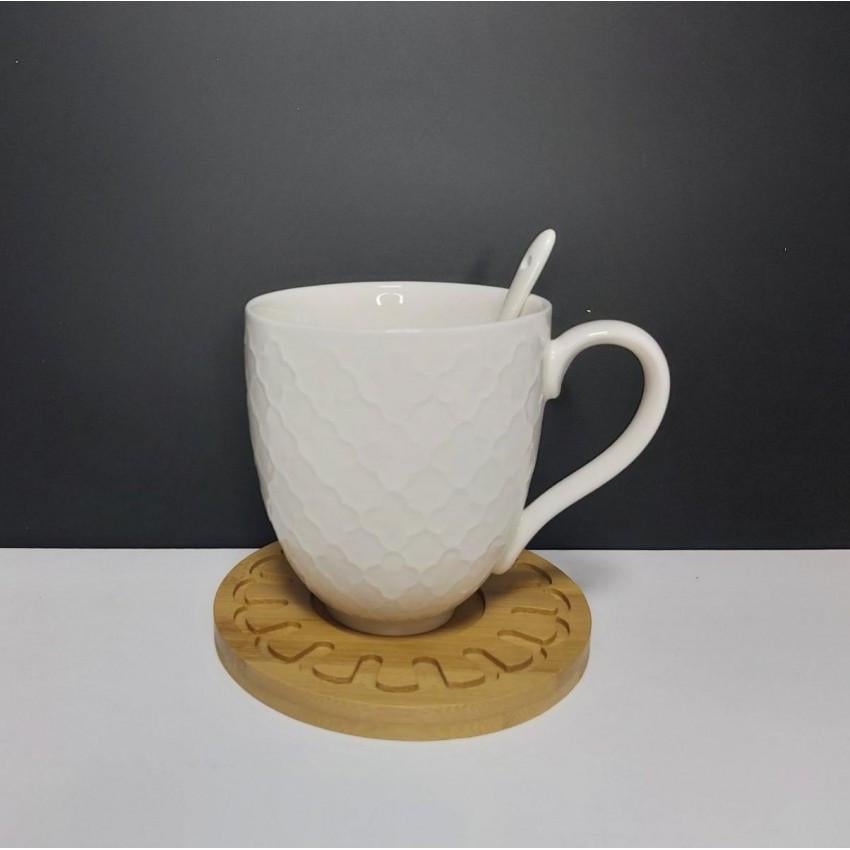 Чашка з ложкою Interos PJ03385 88929 на дерев'яній підставці 300 мл