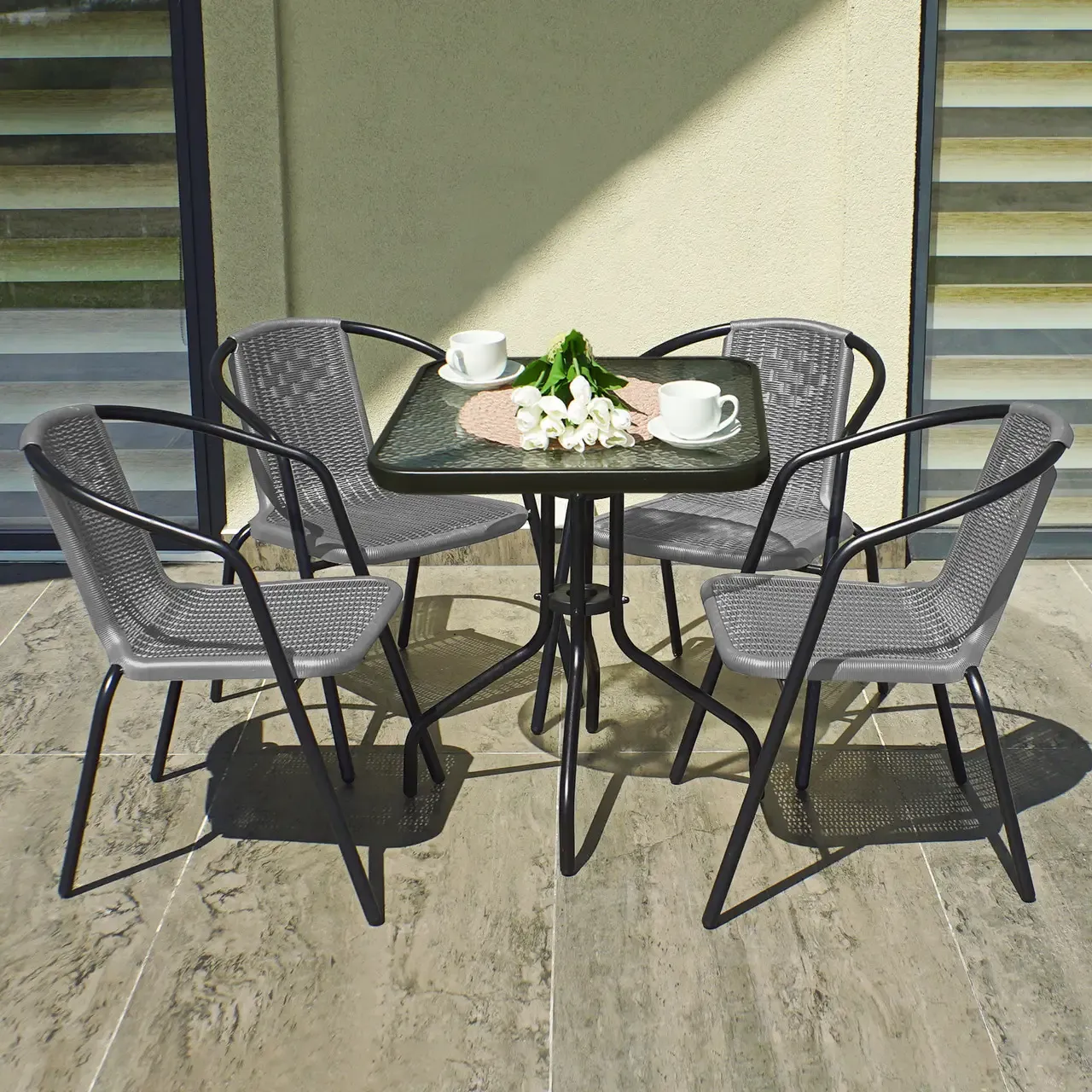 Комплект садовой мебели 4Points Monza-4 из искусственного ротанга квадратный стол 60 см/4 стула Серый