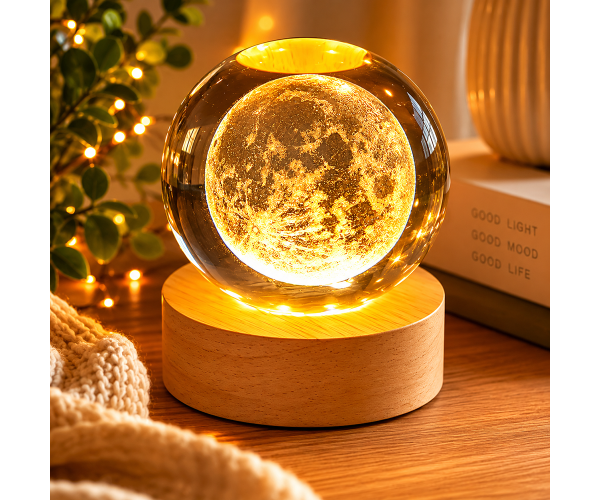 Лампа декоративная 3D-ночник Crystal Ball Луна с деревянной подставкой
