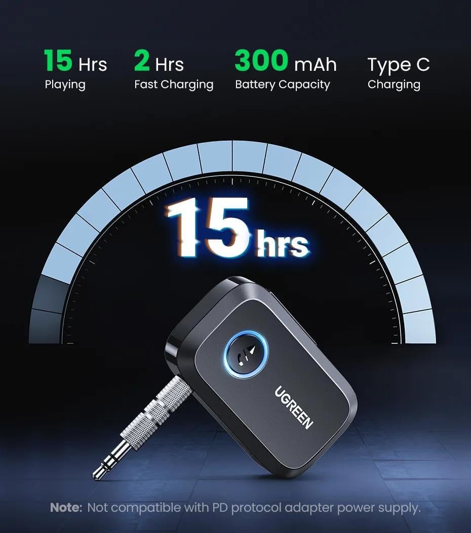 Адаптер UGREEN Bluetooth 5.3 приемник Hi-Res 3,5 мм minijack AUX-Type-C кодеки AAC/SBC Черный (90748) - фото 4 Адаптер UGREEN Bluetooth 5.3 приемник Hi-Res 3,5 мм minijack AUX-Type-C кодеки AAC/SBC Черный (90748) - фото 4