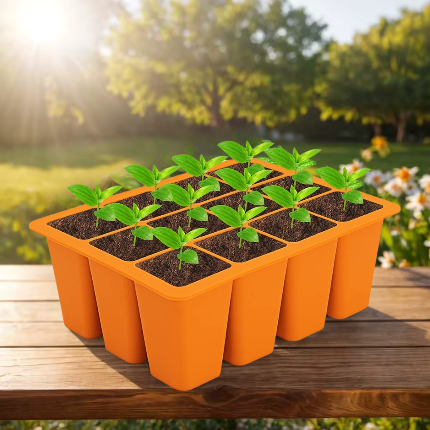 Лоток садовый для рассады кассета на 12 ячеек силиконовый многоразовый для проращивания семян растений цветов Оранжевый