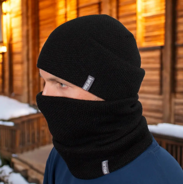 Комплект чоловічий шапка зі снудом в'язані на флісовій підкладці Чорний (29548995)
