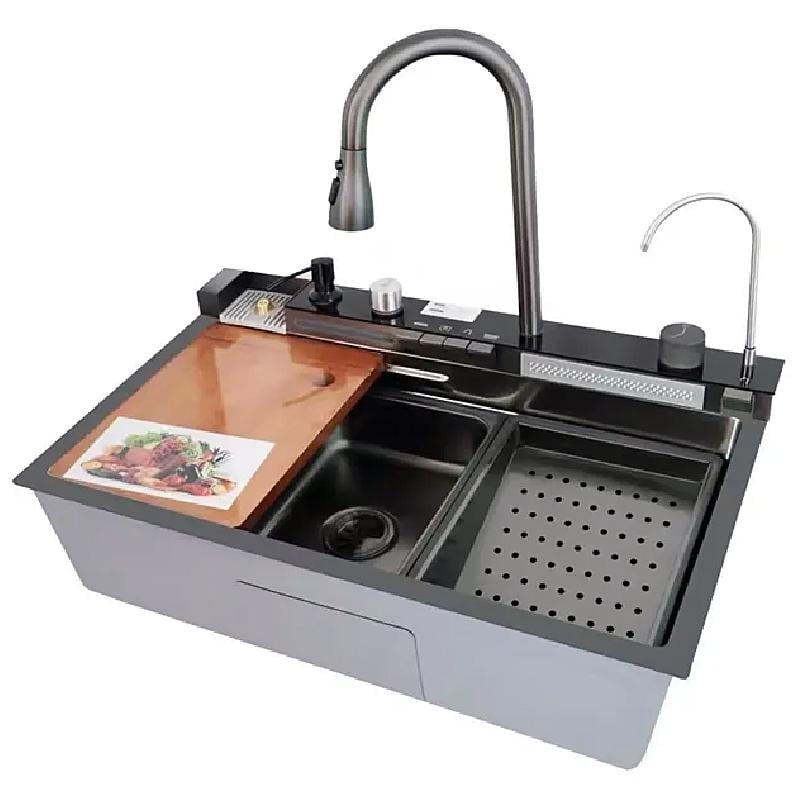 Мойка кухонная многофункциональная MIXXUS MH7546-SET-06 Decor Nano-Black 3.0/0.8 врезная из нержавеющей стали прямоугольная (MX9576)