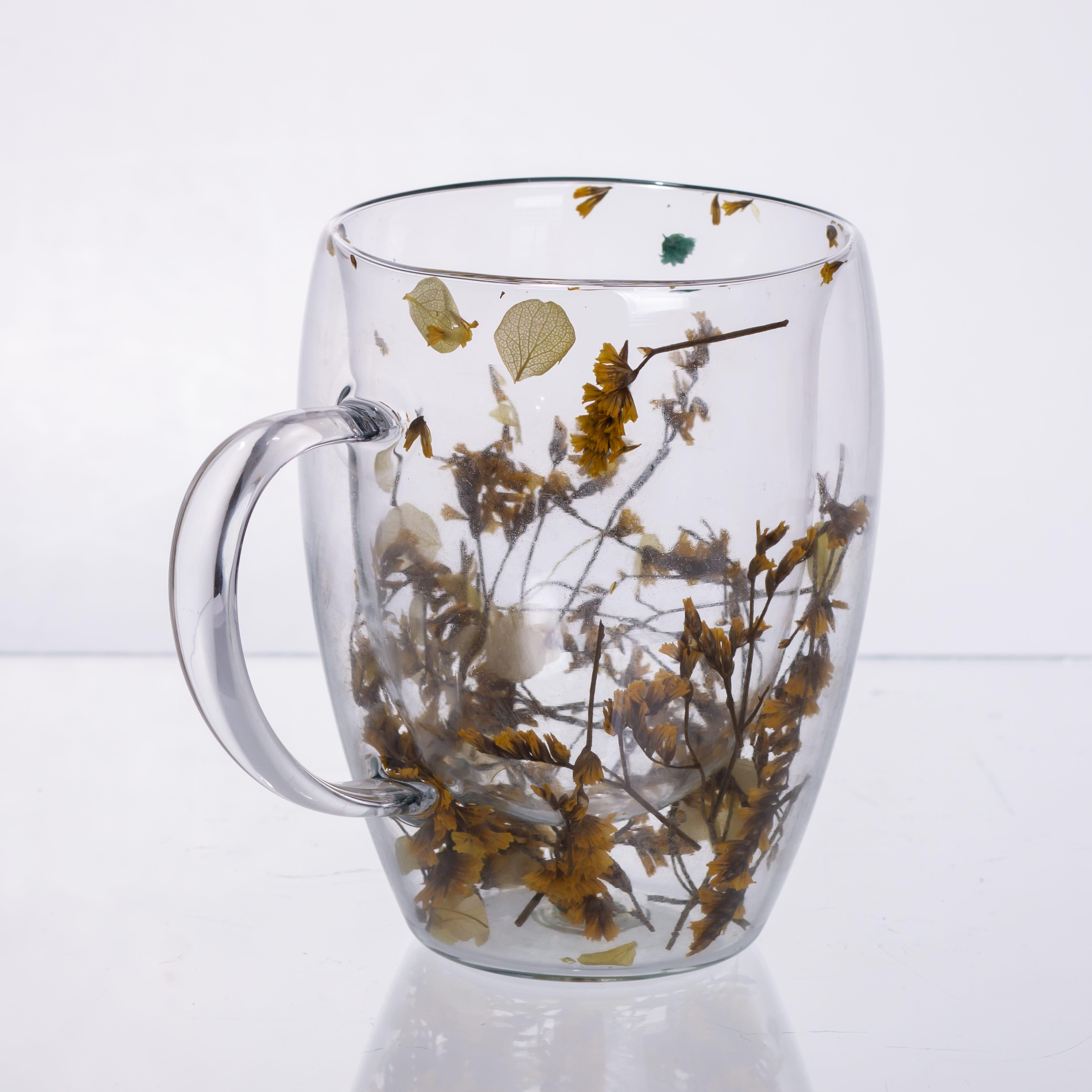 Чашка стеклянная с двойными стенками с декором сухоцветов для горячих напитков 350 мл (64486-43)