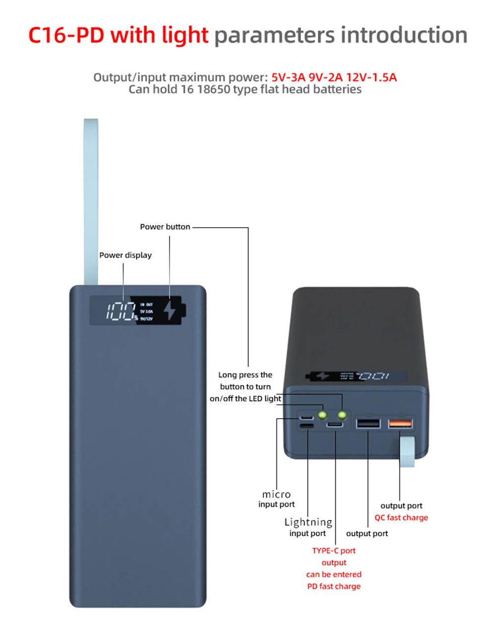 Корпус повербанка 16х18650 18W Power Delivery Чорний (ТТ-4) - фото 2