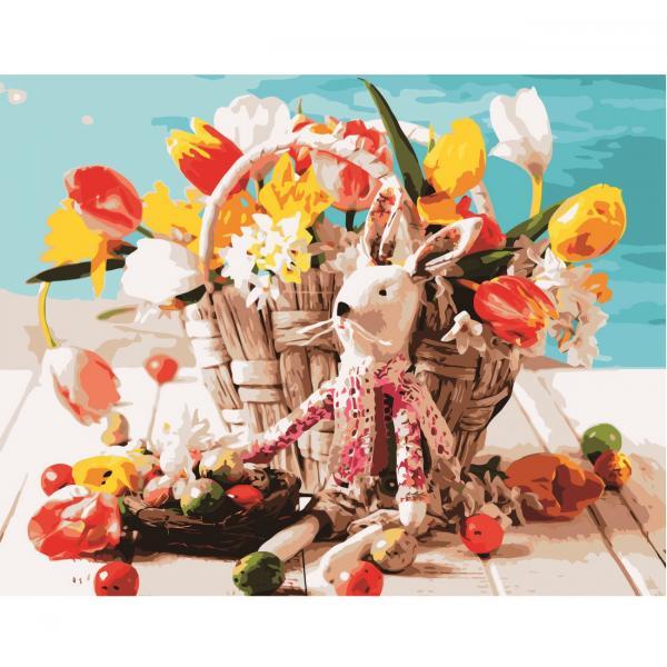 Набор для росписи по номерам Strateg Игрушка Зайка у корзины цветов 40х50 см (VA-2738-mt)