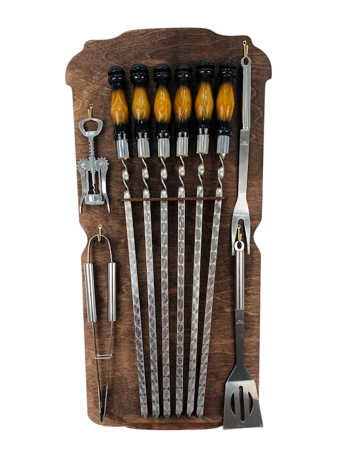 Органайзер настенный для гриля на 10 предметов ручной работы из нержавеющей стали на подставке Коричневый (124-10-NB-4002)