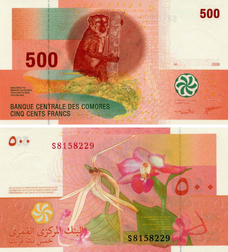 Коллекционная банкнота Коморские Острова 500 франков 2006/2021 UNC Обезьяна (P15(3)