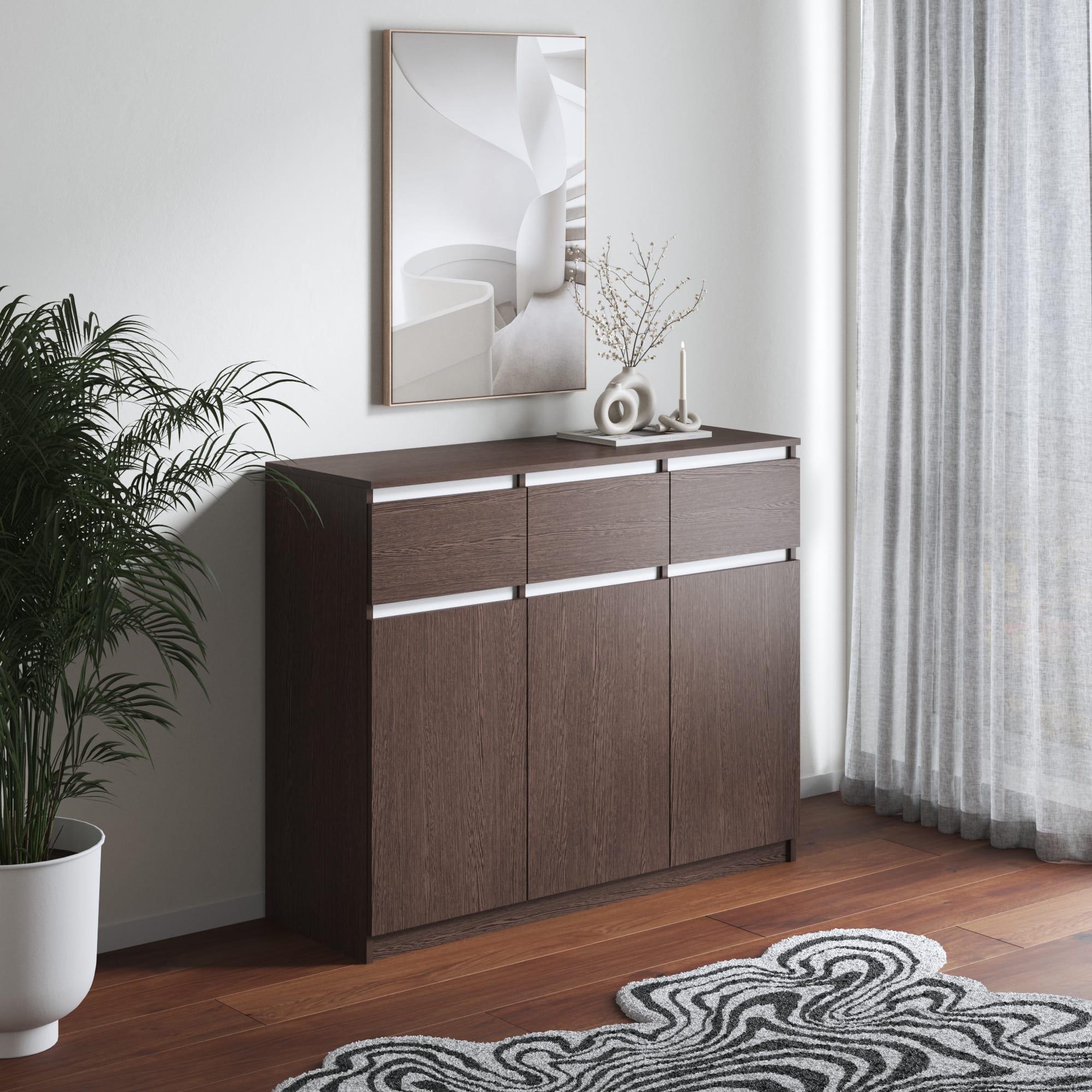 Комод №1 на 3 ящика и на 3 двери ЛДСП без ручек Венге темный/белый (372185)