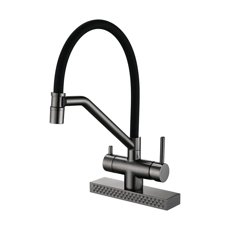 Смеситель для кухни Koer KB-74027-07 с функцией водопад и черным силиконовым изливом из латуни Графитовый (KR5203)
