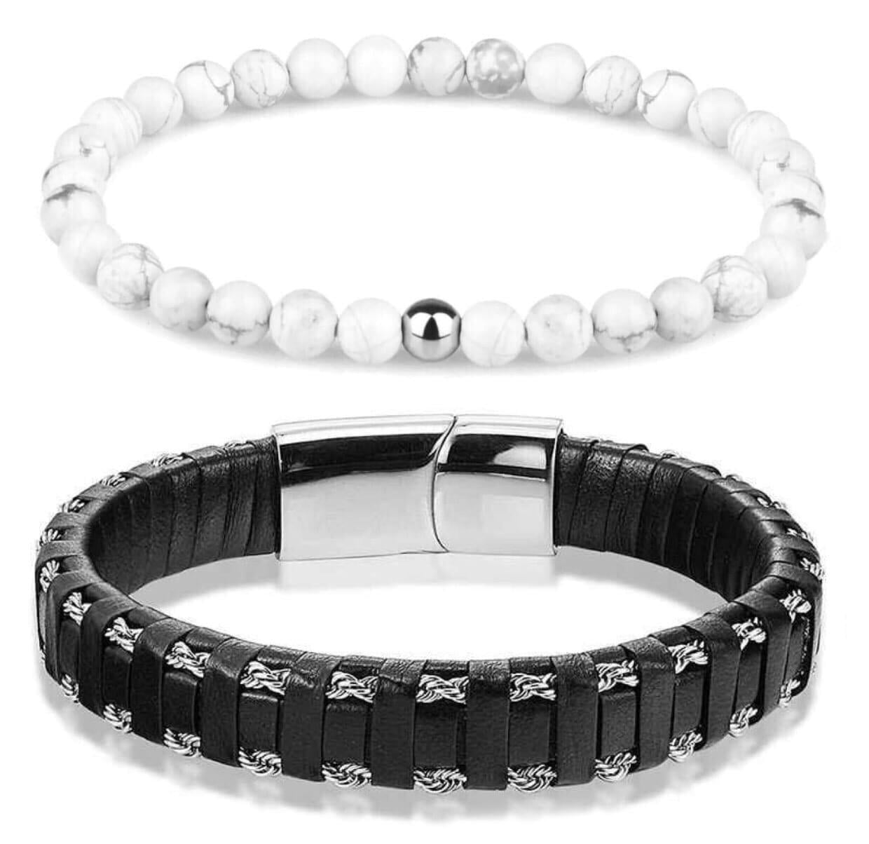 Комплект браслетів зі шкіри та кахолонгу із срібною застібкою бусина з гематиту 6 мм р. 16,5 (12085)