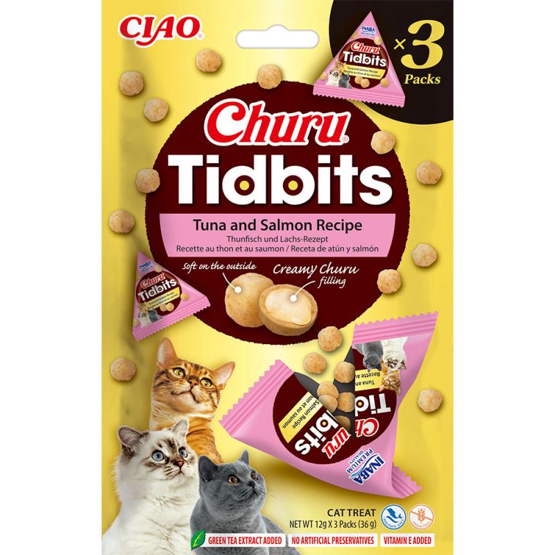 Лакомство для кошек INABA Churu Tidbits Запеченные шарики с кремовой начинкой Рецепт с тунцом и лососем 3 шт. (3189952119)
