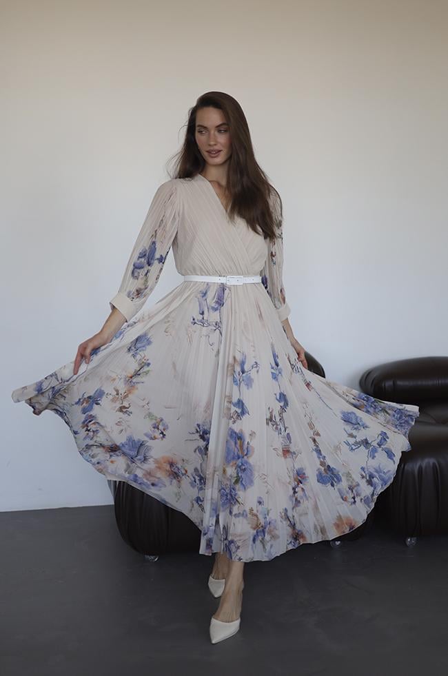 Сукня Lipar 3734 пліссе з V-подібним вирізом принт квіти р. 42 Капучино (16917469)