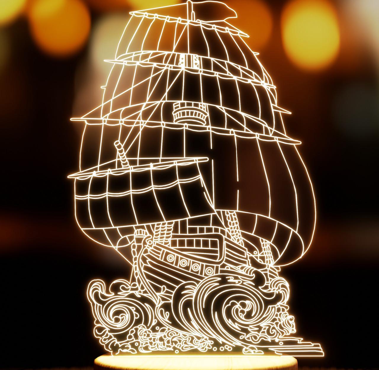 Нічник-світильник Lampic Корабель на хвилях USB дерево/акрил 15х24 см Жовтий (32377359)