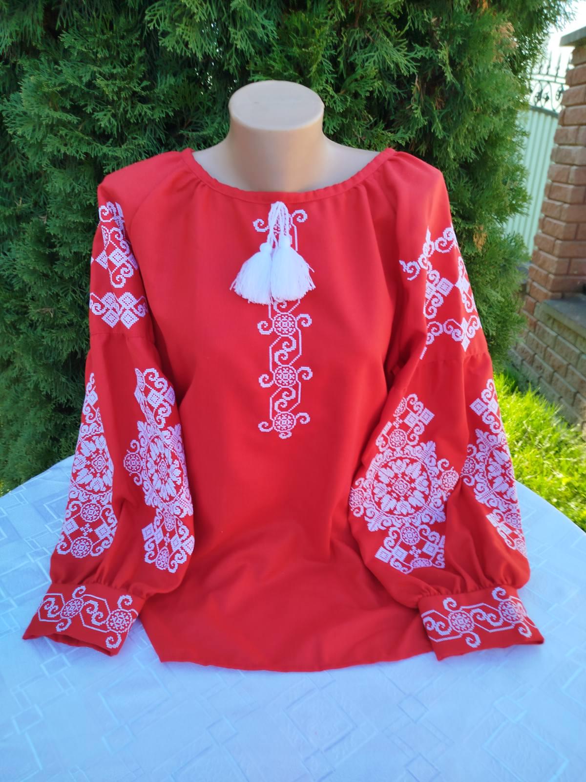 Вышиванка женская с узором на натуральном домотканом полотне рукав Бохо р. 56 Красный/Белый (2502290564) - фото 3