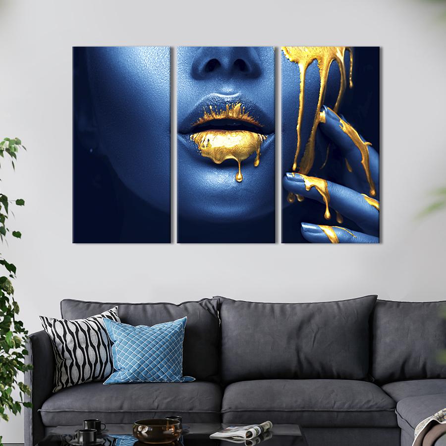 Модульная картина триптих Губы в золоте 128x81 см (530-31)