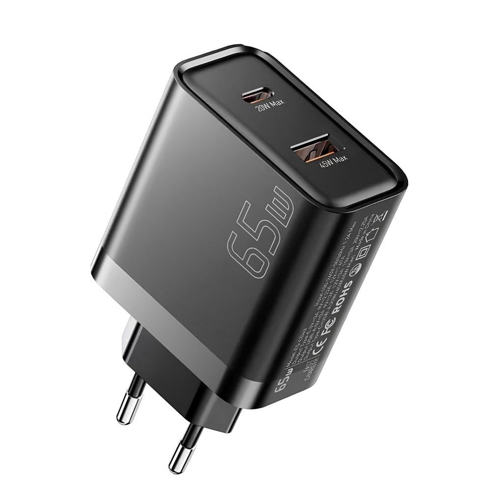 Зарядное устройство для телефонов Essager 65W GaN Travel Charger Type-C и Type-A Black (ES-CD43)