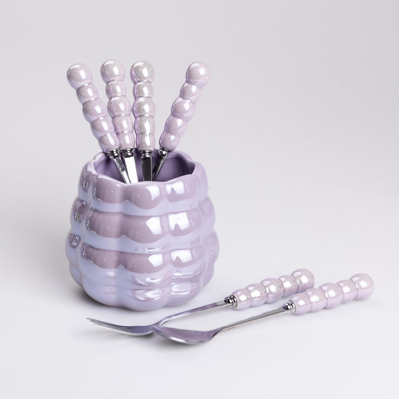 Набір десертних виделок та ложок на 3 персони з підставкою з кераміки 7 предметів Фіолетовий - фото 1 Набір десертних виделок та ложок на 3 персони з підставкою з кераміки 7 предметів Фіолетовий - фото 1