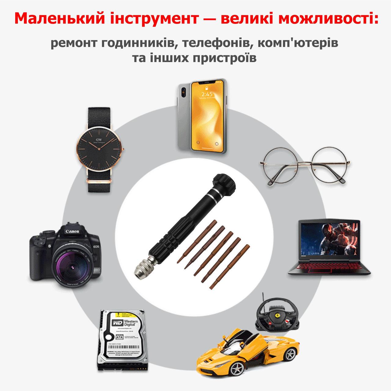 Викрутка прецизійна цангова 5 намагнічених змінних жал Black (137759) - фото 6