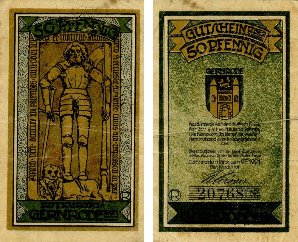 Коллекционная банкнота Германия Нотгельд 50 пфеннигов 1921 F-VF Гернроде (Б18647)