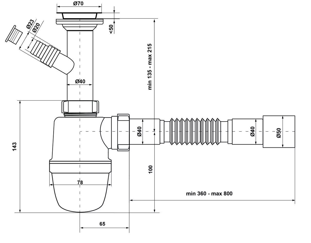 Сифон для кухонной мойки Kronoplast У-1550 1 1/2" с литым выпуском и отводом к стиральной машине (SY13000043) - фото 3