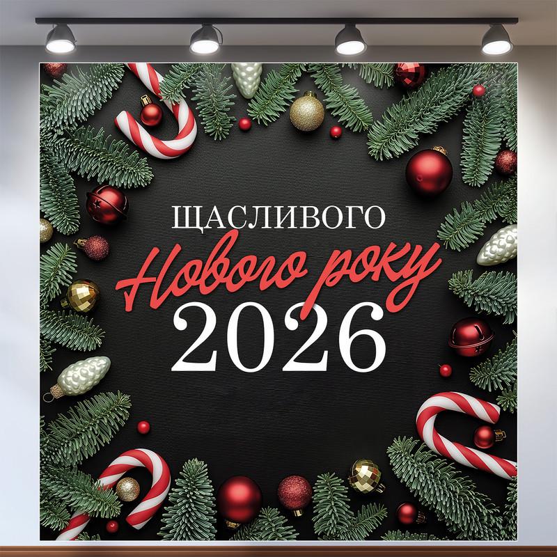 Баннер "Щасливого Нового року 2026" с елочными ветками и конфетами 160x160 см №46043
