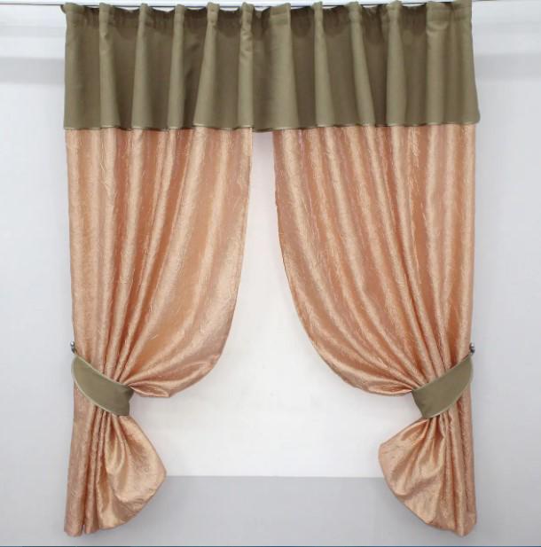 Шторки кухонные с ламбрекеном/подвязками 285х170 см Персиковый/Светло-кофейный (073к) - фото 1
