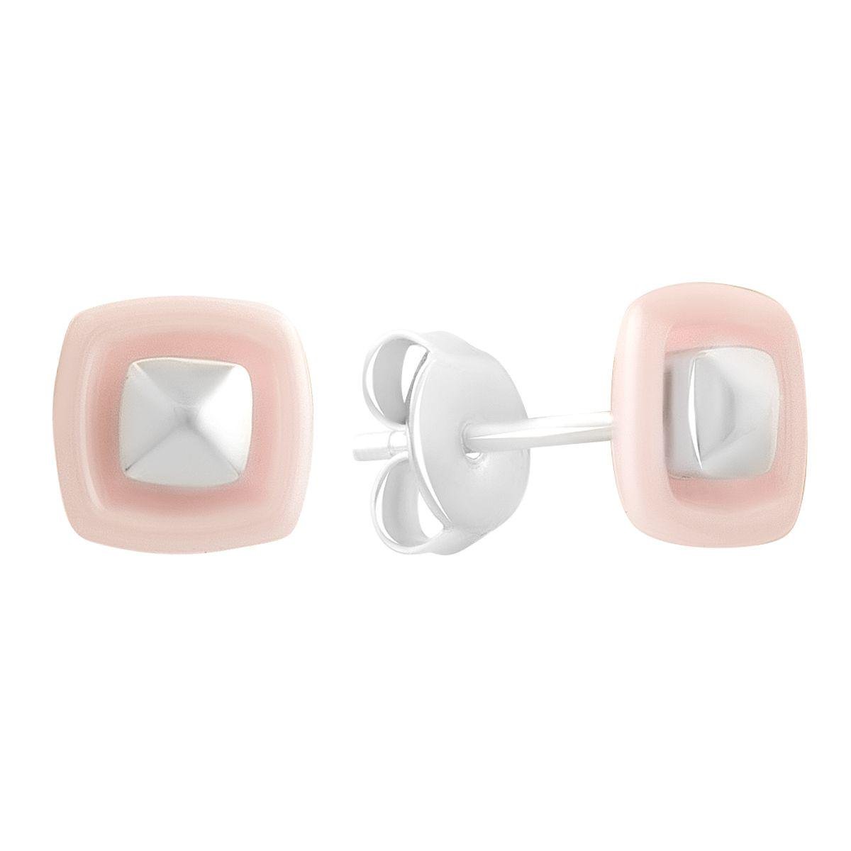 Сережки срібні LoveR з рожевою керамікою у квадратній формі та металевим акцентом Сережки срібні LoveR з рожевою керамікою у квадратній формі та металевим акцентом