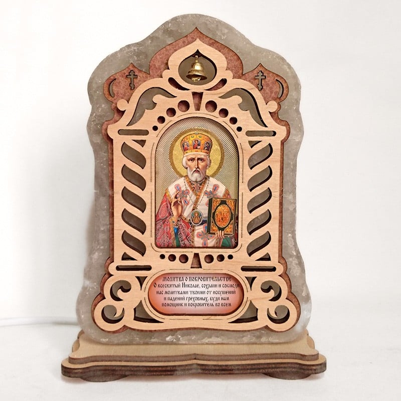 Соляная лампа Икона большая Николай зеленое подсвечивание (20003)