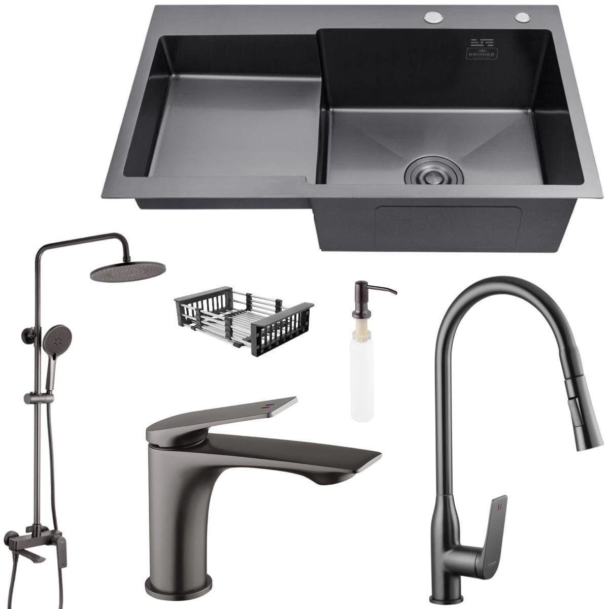 Мойка Kroner 7848RHM/кран с выдвижной воронкой Kroner/душевая Kroner и кран для раковины Kroner-GRP010