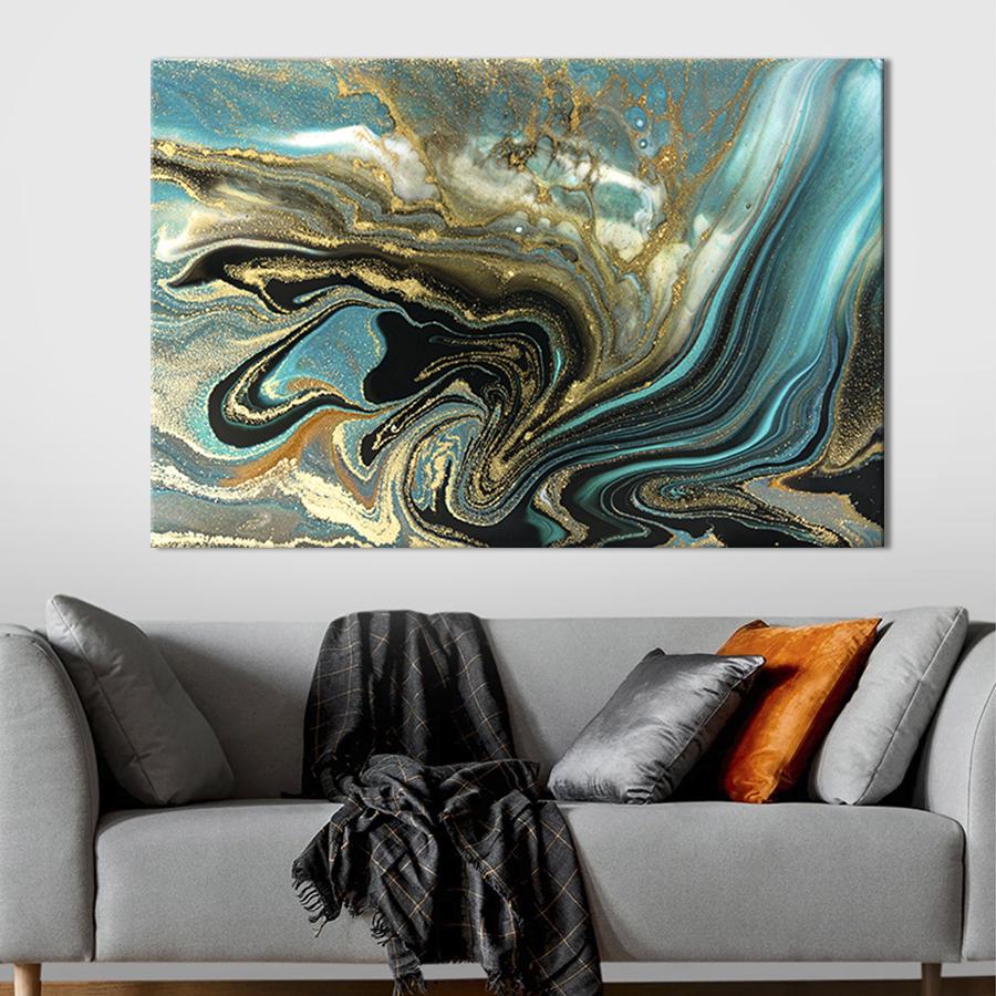 Настенный декор картина на холсте для интерьера Бронзовый синий мрамор 51x34 см (49-1)